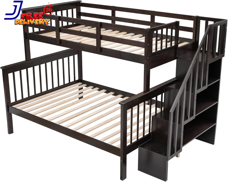 Twin over Full Bunk Bed with Storage Ladder and Full-Length Guardrails Wooden gallery