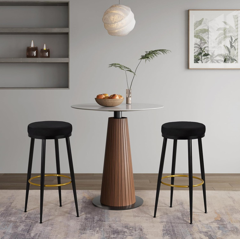 Set of 2 Modern 30" Round Bar Stools - Black Velvet Backless Metal Frame