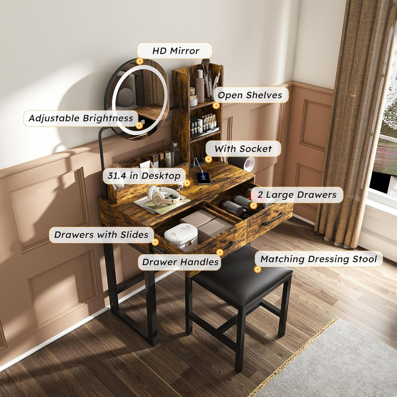 Dimmable Makeup Vanity Set with Mirror, Outlet, Drawers & Chair for Bedroom gallery