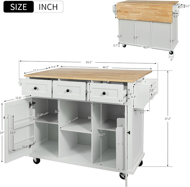 Kitchen Cart with Rubber Wood Drop-Leaf Countertop,Cabinet Door Internal Storage gallery