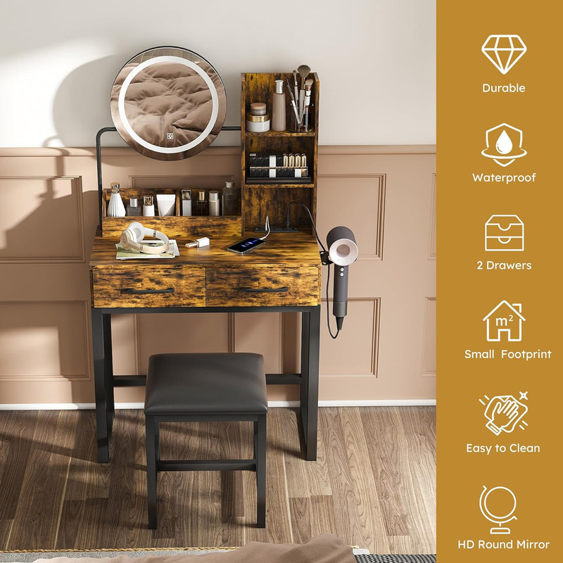 Dimmable Makeup Vanity Set with Mirror, Outlet, Drawers & Chair for Bedroom gallery