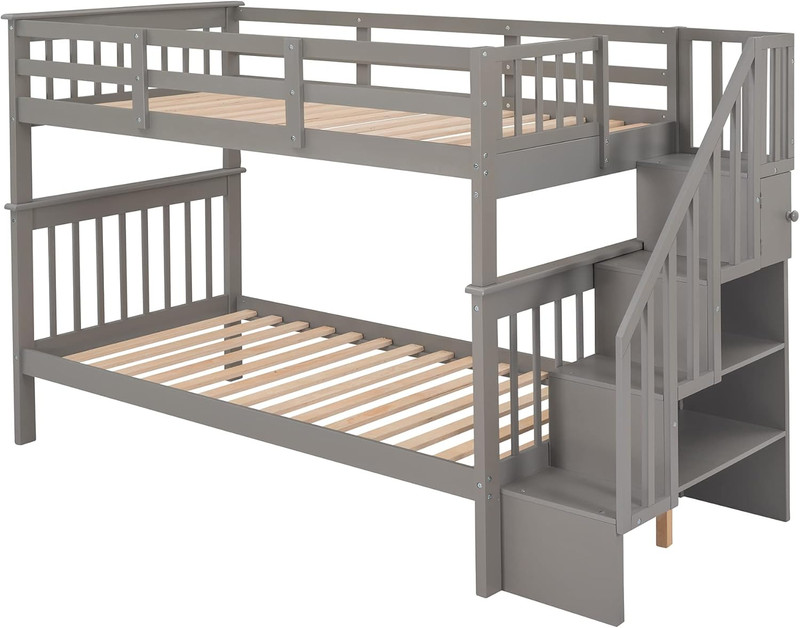 Space-Saving Twin Bunk Bed with Storage Ladder & Guard Rail - Gray Wood gallery