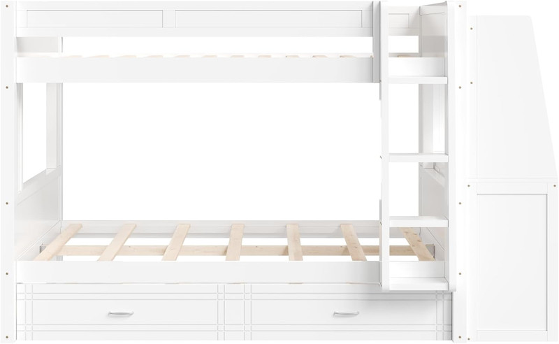 Multifunctional Full Size Bunk Bed with Desk, Trundle & Bookshelves, White gallery