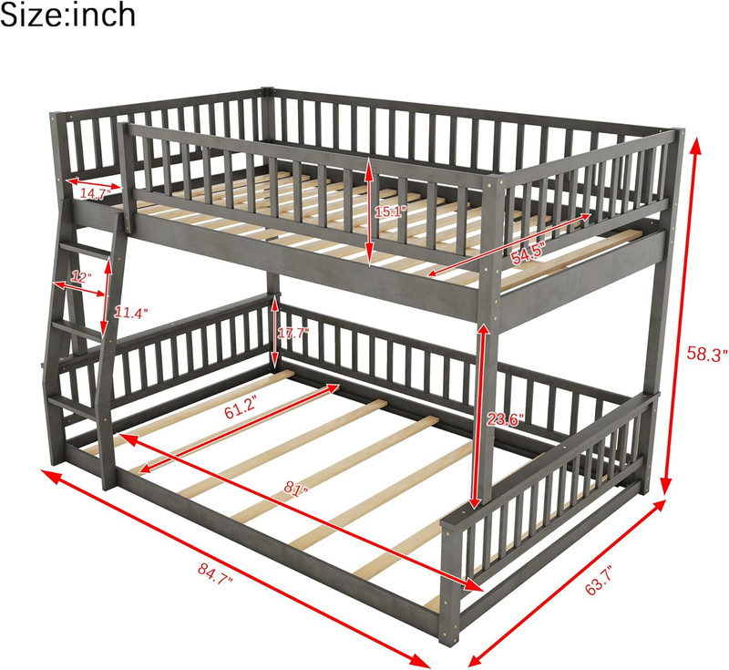 XL Over Queen Bunk Bed with Ladder & Guardrails - Gray Wood Frame gallery