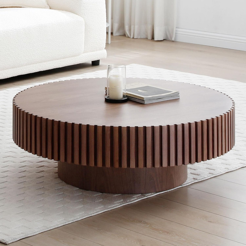 Mid Century Round Coffee Table - Walnut Drum Accent Table for Living Room gallery
