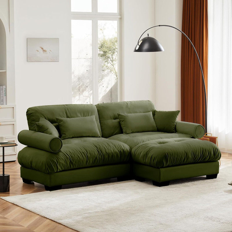 Olive Green Modular Sectional Sofa with Movable Ottoman and Pillows gallery
