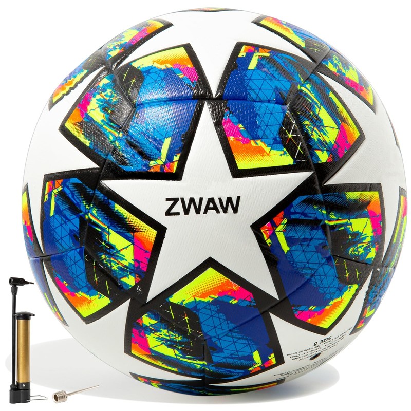 ZWAW Size 5 Soccer Ball, Waterproof PU Leather, Official 5, Multicolor