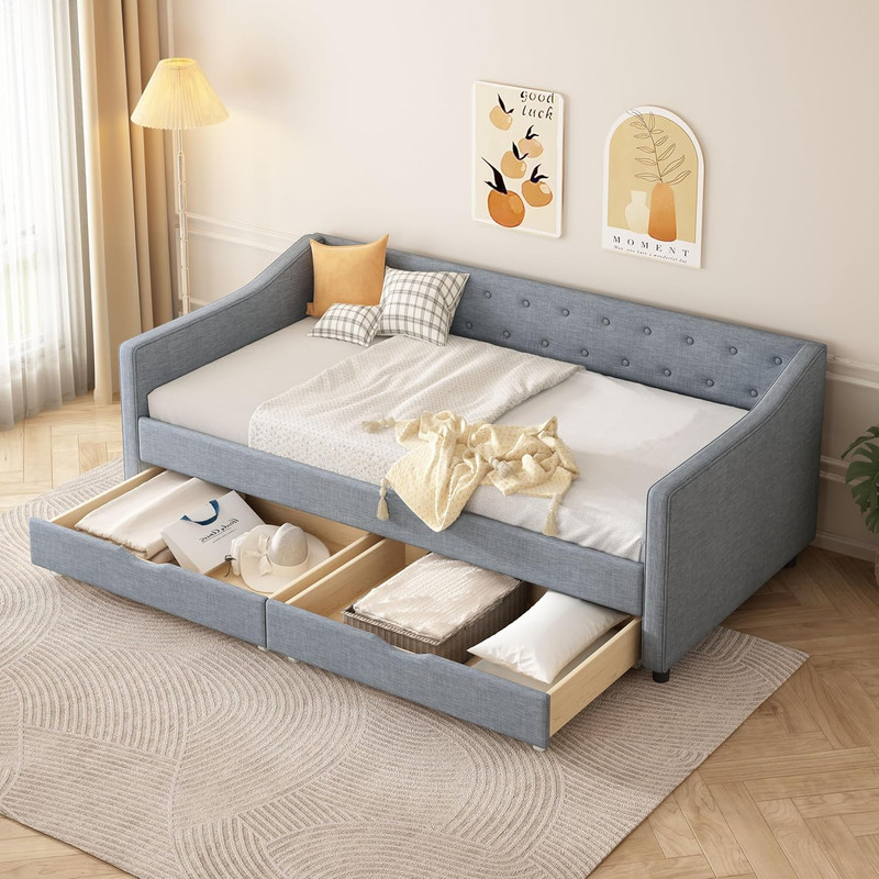 Light Grey Twin Size Daybed with Storage, Upholstered Frame & Tufted Back