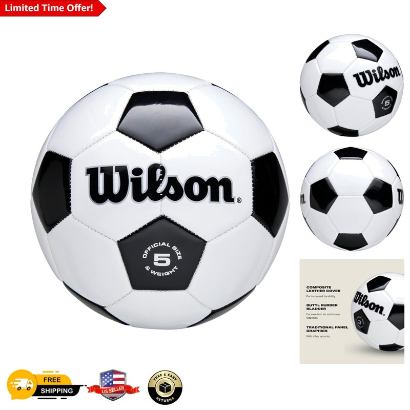 Wilson Traditional Soccer Ball – Size 5, Black/White Durability for All Players
