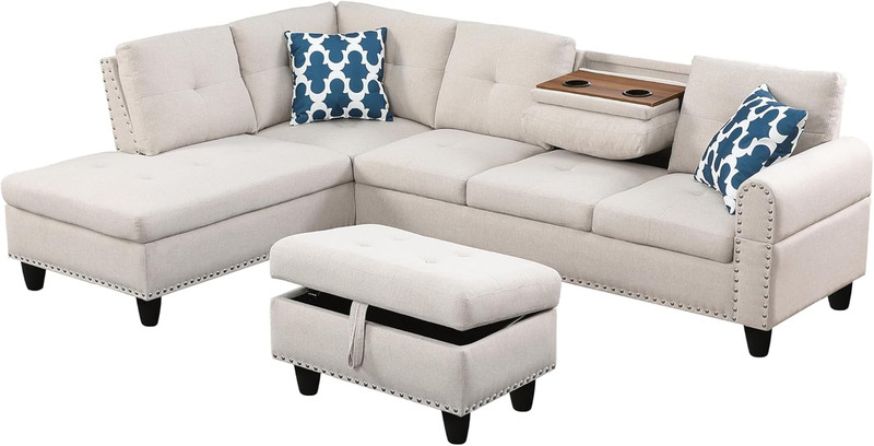 Beige 98" L-Shaped Sectional Sofa with Storage Ottoman & Cup Holders gallery