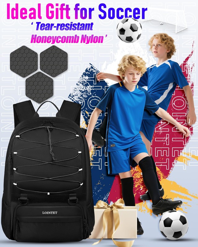 LOINTET Youth Soccer Bag, Backpack with Ball Compartment, Large, Black gallery