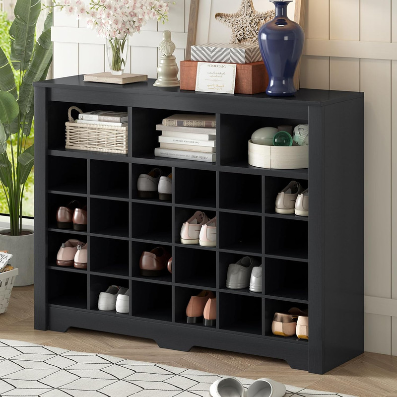 Modern 45″ Shoe Cabinet with 5-Tier Rack & 27 Cubbies – Black Storage Organizer