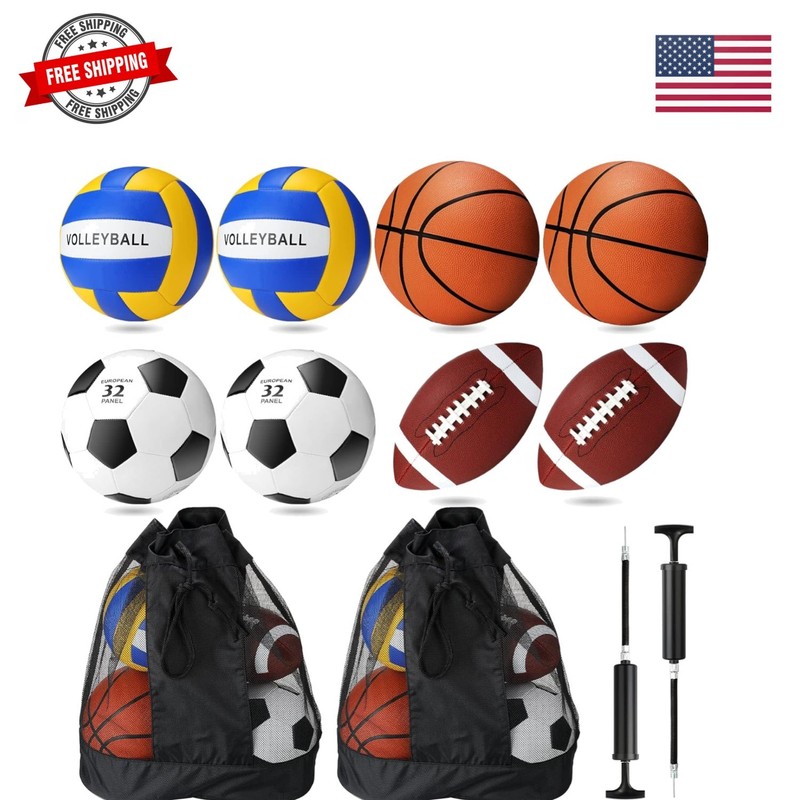 8 Pcs Sports Balls Set Include Basketball Football Soccer Volleyball with 2 S…