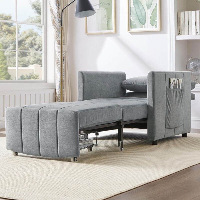 Convertible 31.5" Sleeper Sofa Bed with Storage, Grey Chenille Recliner Chair gallery