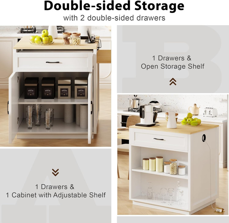Rolling Kitchen Island with Extendable Table, Power Outlet & Storage, White gallery