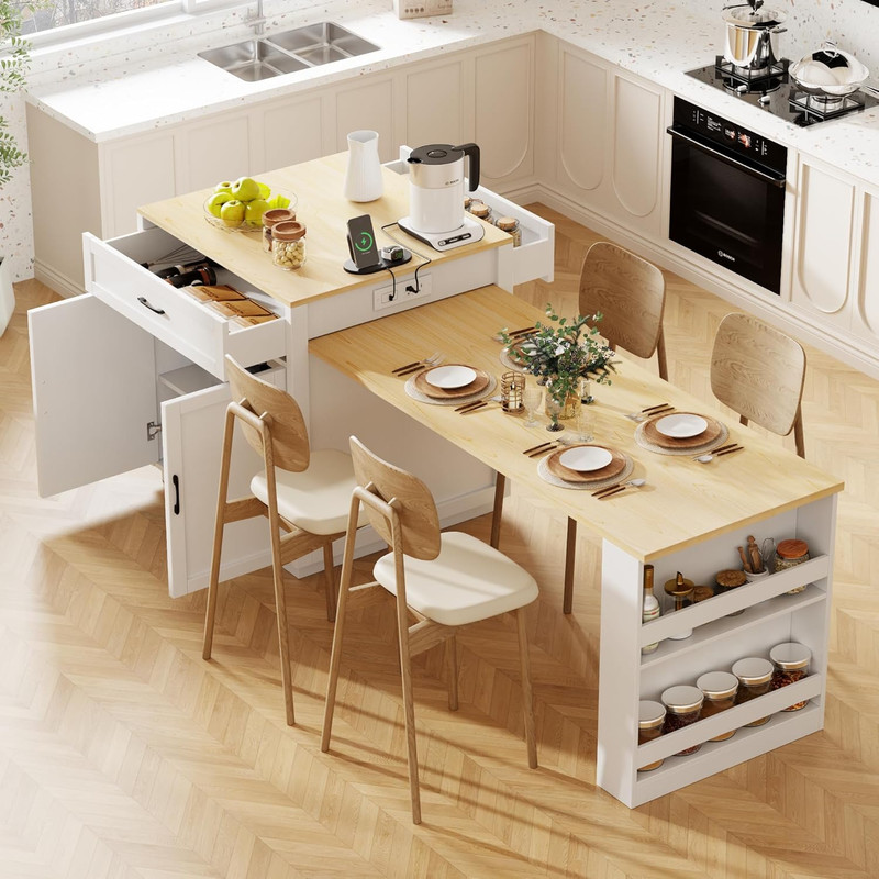 Rolling Kitchen Island with Extendable Table, Power Outlet & Storage, White