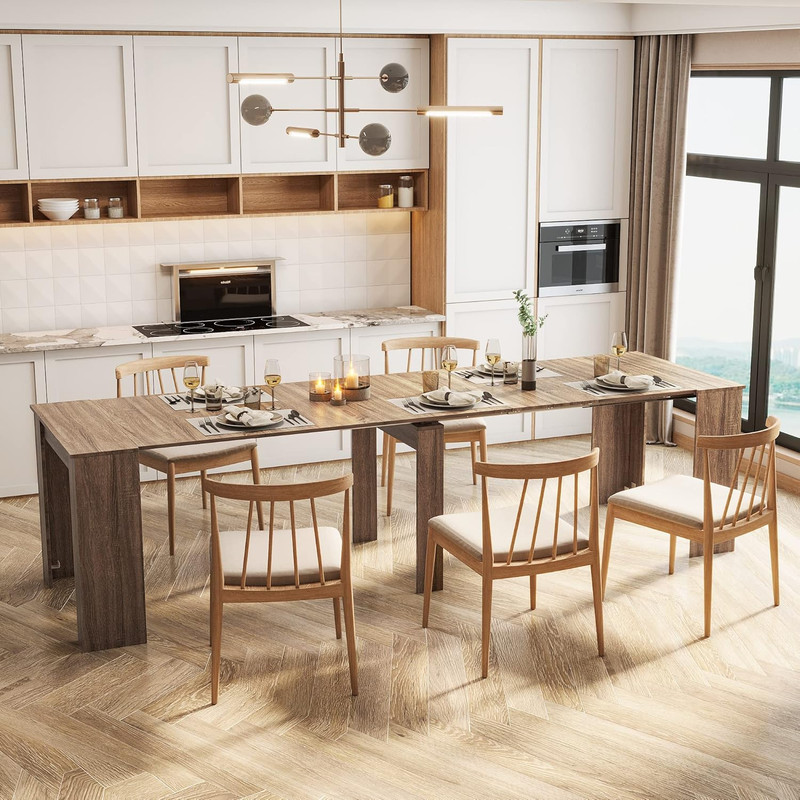 Expandable Dining Table for 6-10, Space-Saving Brown Console Design gallery