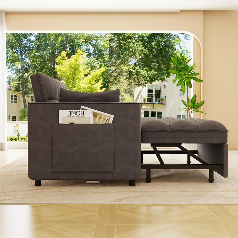 Convertible Velvet Sleeper Sofa Bed with Pillows & Side Pocket, Dark Gray gallery