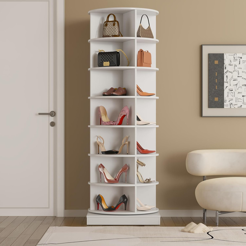 360° Spinning 7-Tier Shoe Rack Carousel - Stylish White Organizer for Entryway