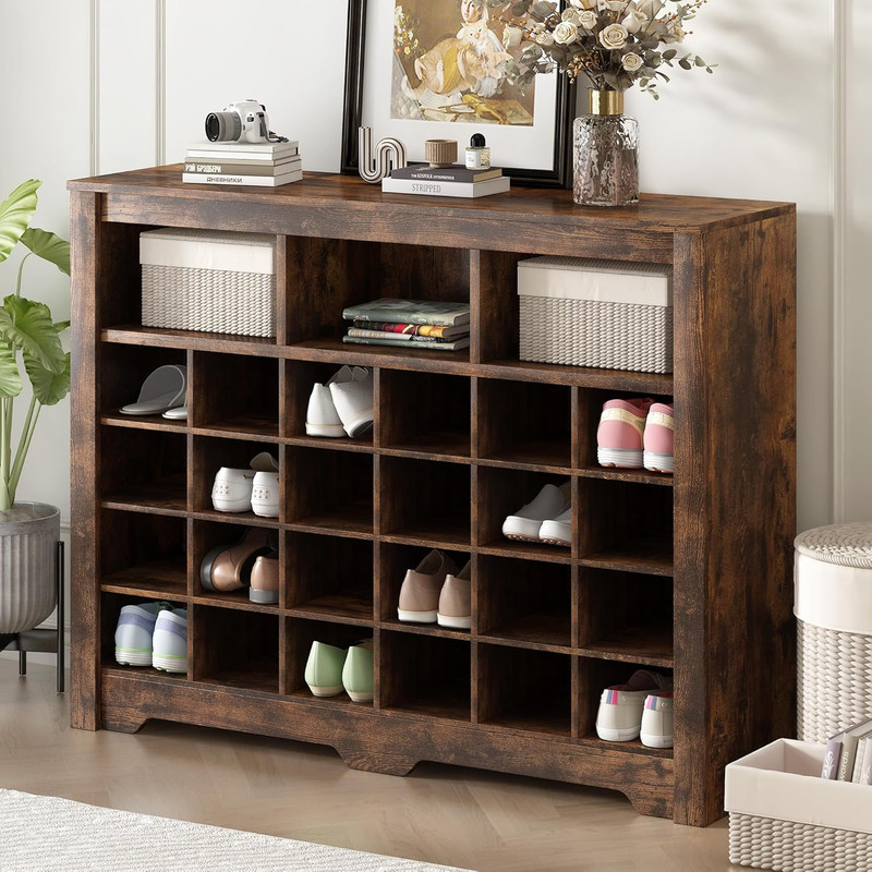 Modern 45" Shoe Cabinet with 5-Tier Rack & 27 Cubbies, Rustic Brown Storage