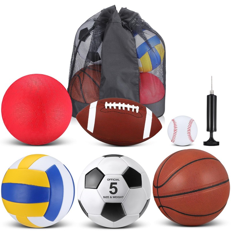6 Pcs Multi Sport Ball Set Official Size Football Basketball Soccer Volleybal…