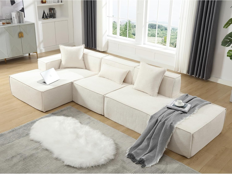 Beige 129″ Modular Tofu Sofa Set with Chaise & Pillows – Minimalist Style