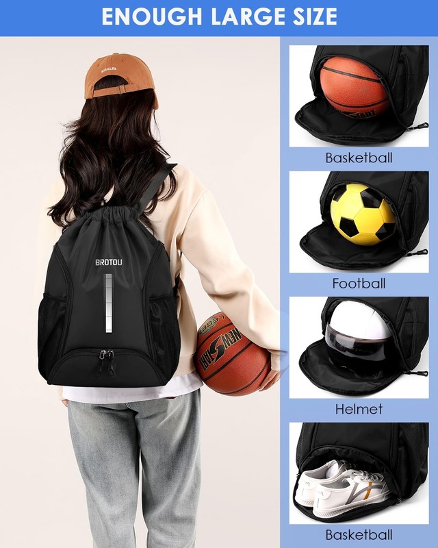 BROTOU Soccer Drawstring Backpack, Basketball Bag, Volleyball One Size, Black gallery