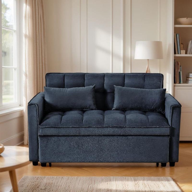 Compact 53" Velvet Sleeper Sofa, 3-in-1 Couch with Adjustable Backrest, Black gallery