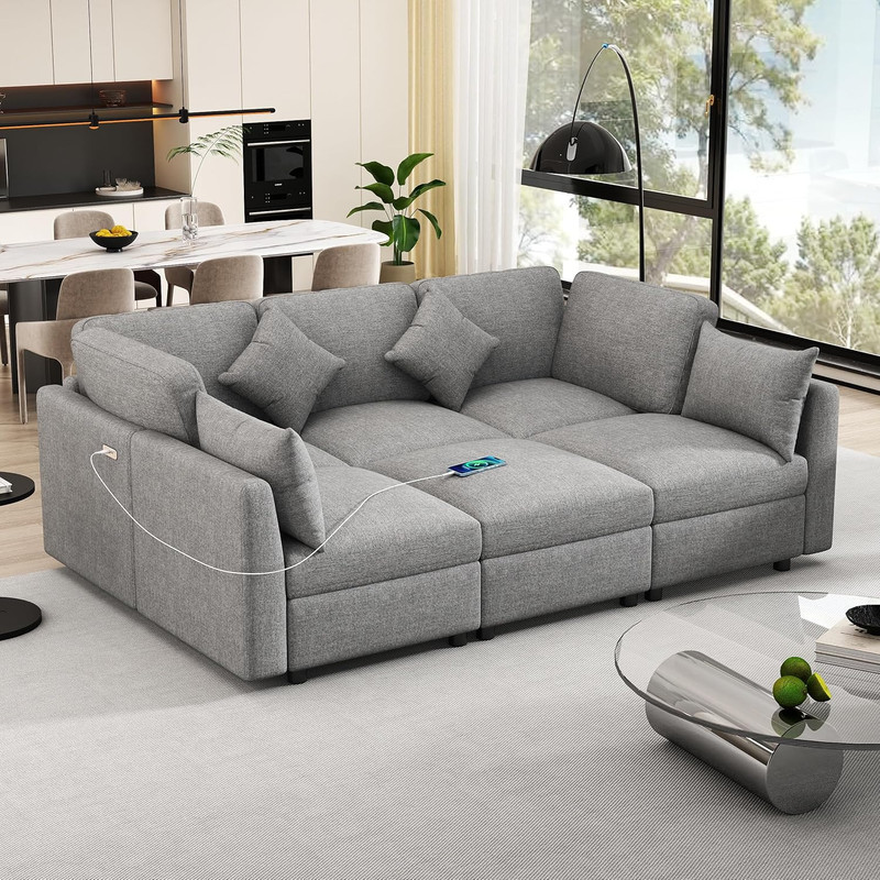 Stylish U-Shaped Sofa with Ottoman & USB Port – Black Modern Design