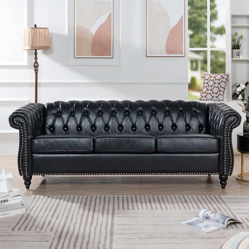 Chesterfield 84" Leather Sofa, Classic 3-Seater with Nailhead Trim, Black PU