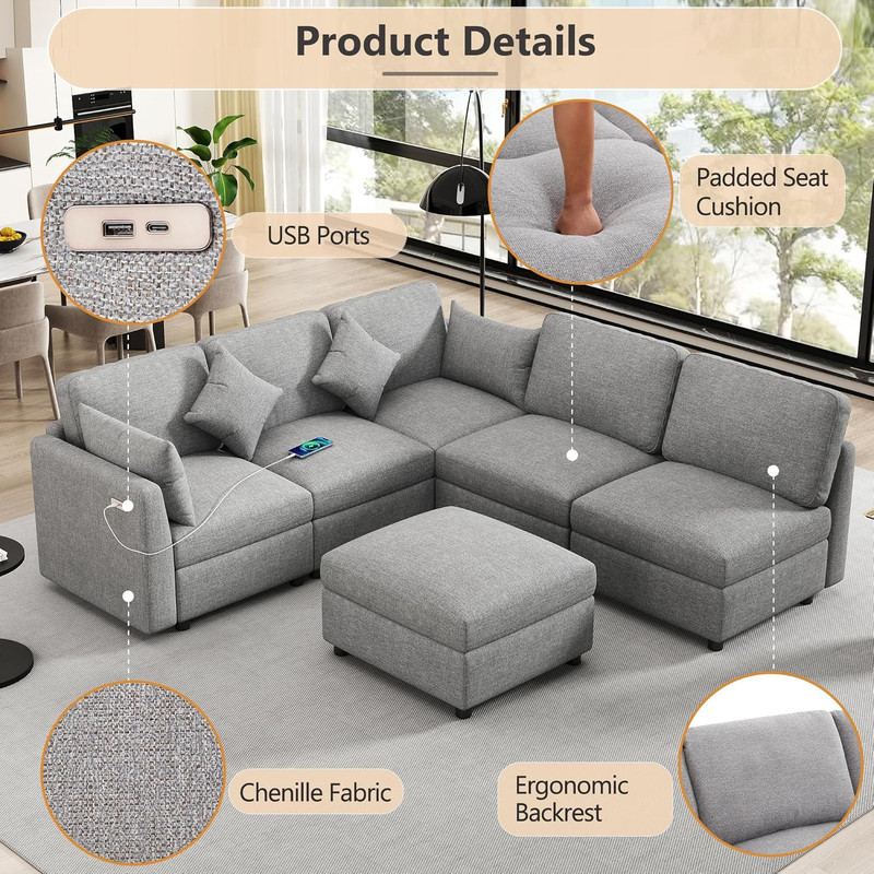 Stylish U-Shaped Sofa with Ottoman & USB Port - Black Modern Design gallery