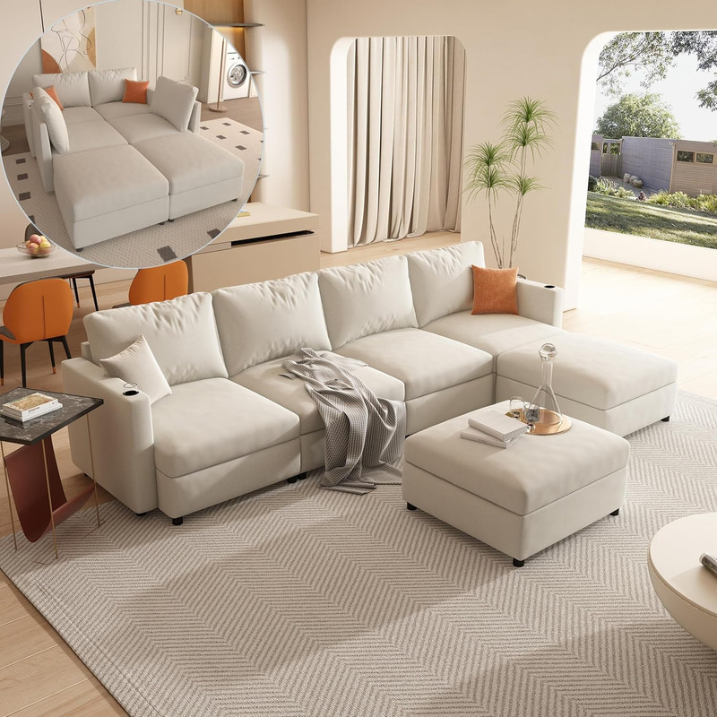 Luxurious Oversized Chenille Modular Sectional Sofa with Ottomans & Cupholders