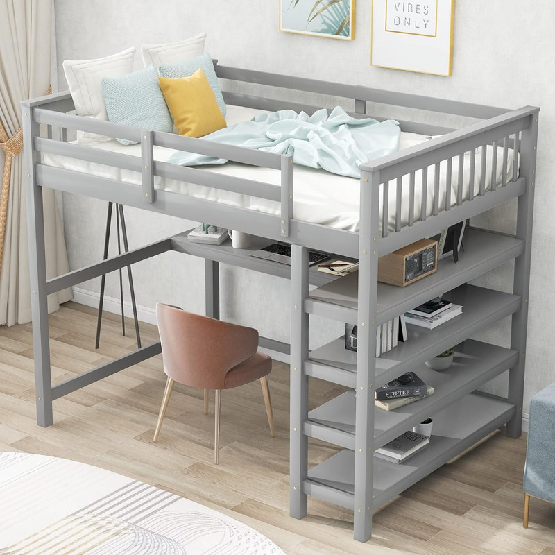 Gray Full Size Loft Bed with Storage Shelves & Under-Bed Desk