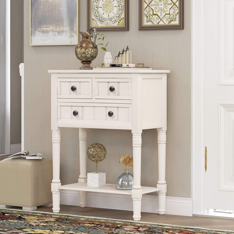 Ivory White Console Table with 3 Drawers & Shelf for Living Room & Entryway