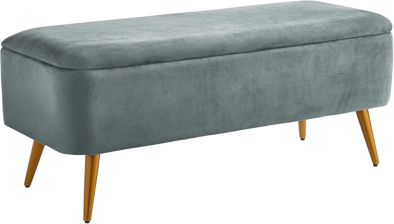 Stylish Grey Velvet Storage Bench with Golden Legs – 44″W x 16″D x 18″H