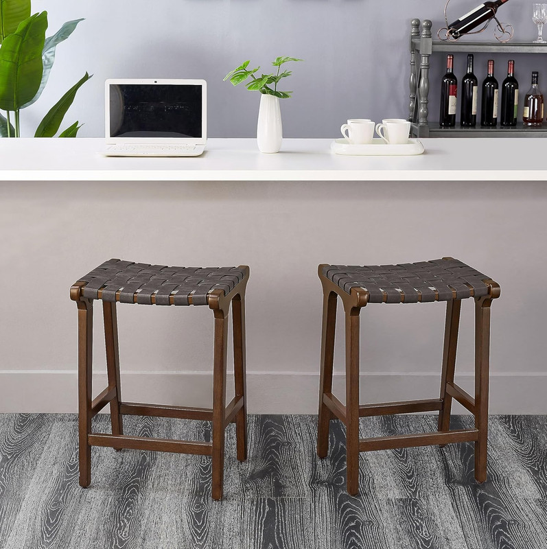 Dark Grey Backless Woven Counter Stool - Leather Bar Chair gallery