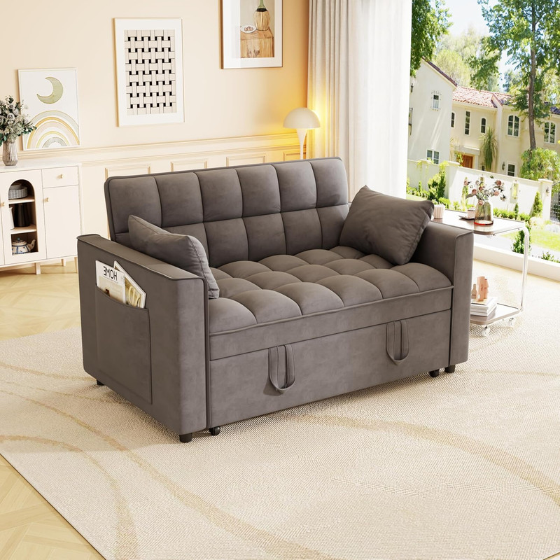Convertible Velvet Sleeper Sofa Bed with Pillows & Side Pocket, Dark Gray gallery