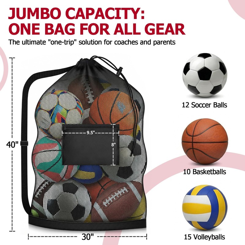 Extra Large Mesh Ball Bag with Pocket Holds 13 Large Balls Black Sports Sack gallery