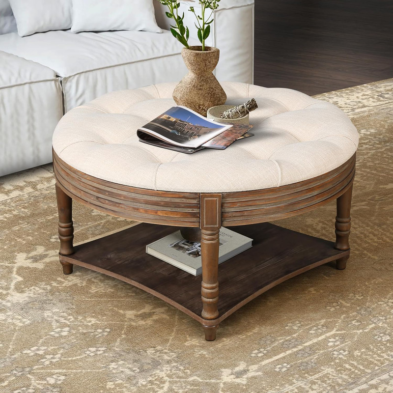 Beige & Gray Round Tufted Storage Ottoman with Movable Lid & Shelf