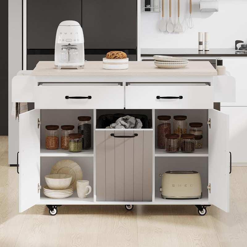 White Oak Kitchen Island Cart with Trash Can, Drop Leaf & Storage Drawers