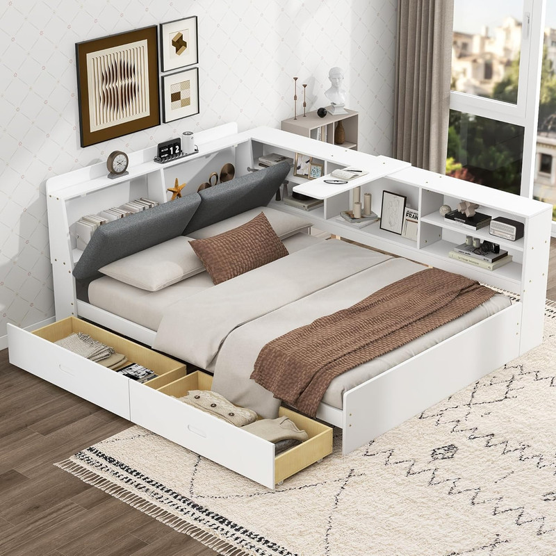 Modern Full Size Wooden Daybed Frame with Storage & Upholstered Headboard
