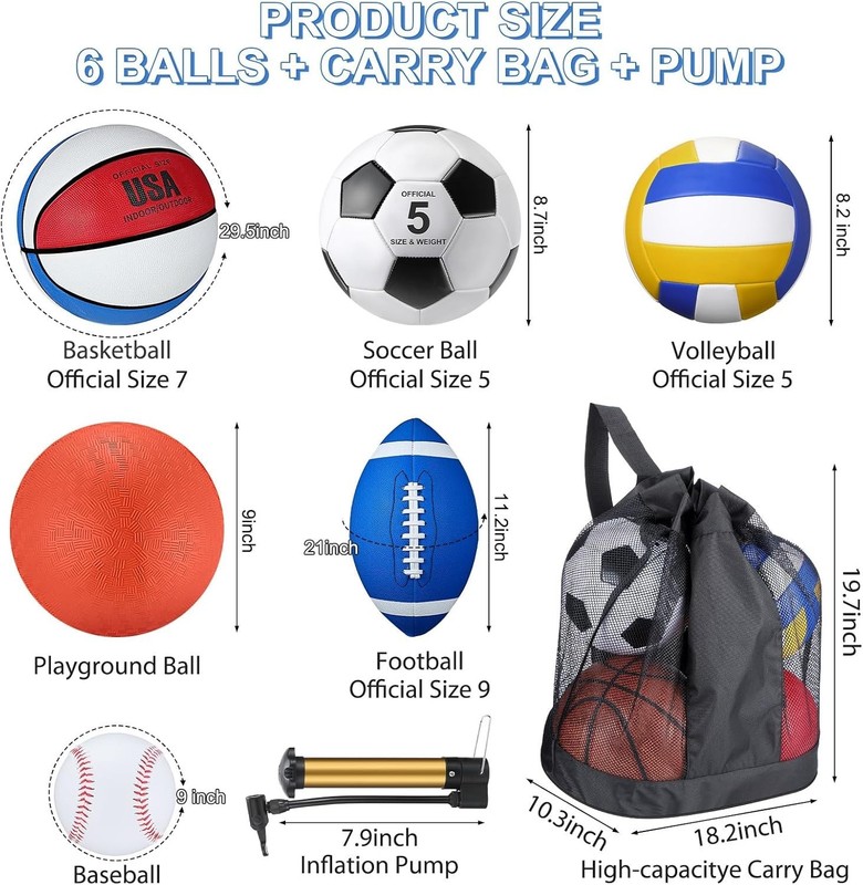6 Pcs Multi Sport Ball Set Official Size Football Basketball Soccer Volleybal... gallery