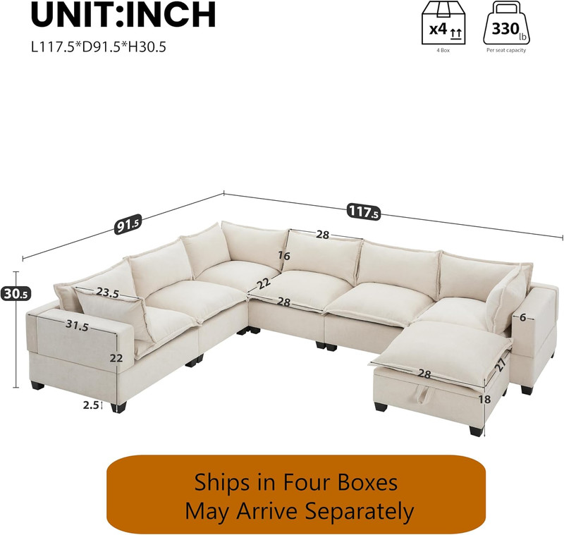 Oversized U-Shaped Sectional Sofa with Storage Ottoman & 9 Pillows, Beige gallery