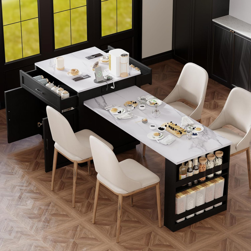 83″ Kitchen Island with Extendable Dining Table,2-Tone Kitchen Table W/Double-Si