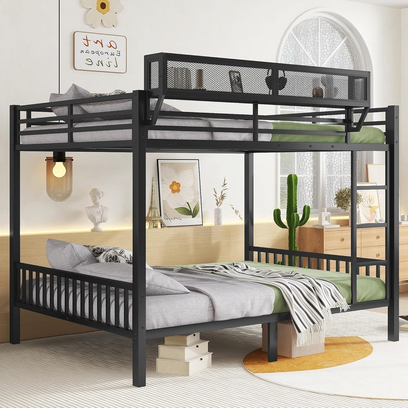 Stylish Queen Bunk Bed with Ladder & Storage, Space-Saving Metal Design, Black gallery