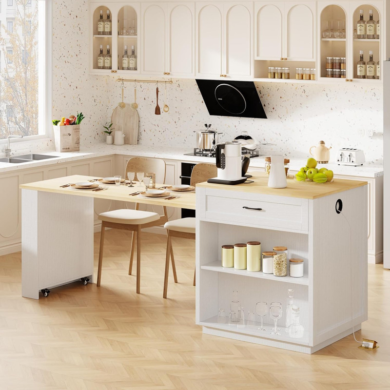 Rolling Kitchen Island with Extendable Table, Power Outlet & Storage, White gallery