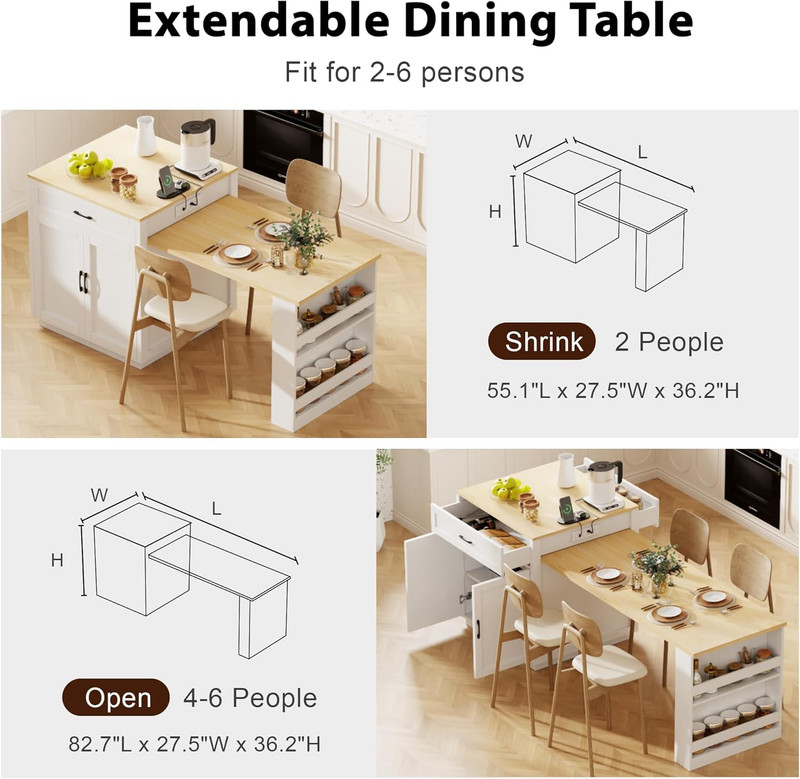 Rolling Kitchen Island with Extendable Table, Power Outlet & Storage, White gallery