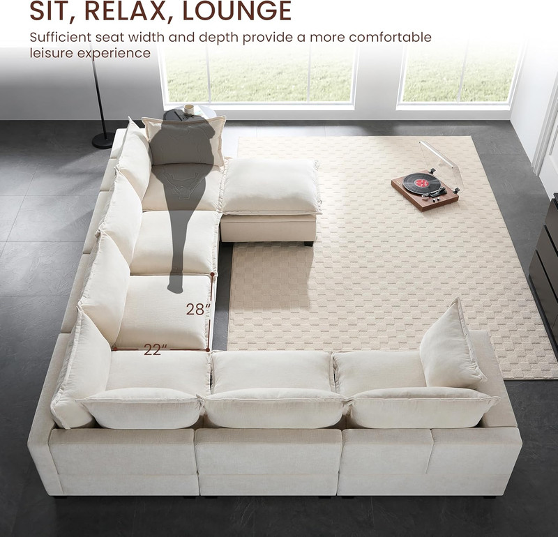 Oversized U-Shaped Sectional Sofa with Storage Ottoman & 9 Pillows, Beige gallery