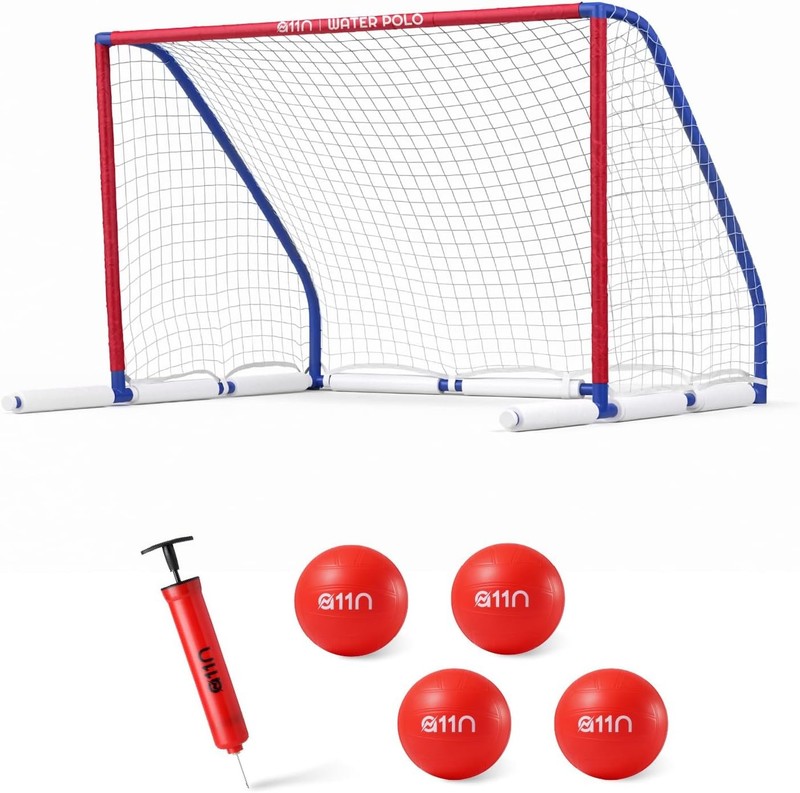 Floating Water Polo Goal Set – Large 4.7ft x 3.1ft Pool Net W/ 4 Balls – Fun
