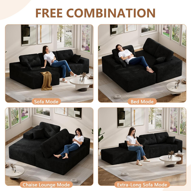 106" Modular Cloud Corduroy Sectional Sofa with Deep Seat - Left Chaise Black gallery
